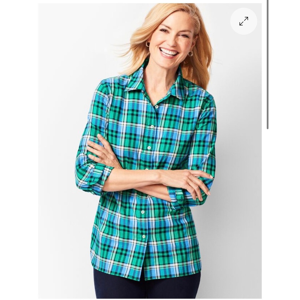 TALBOTS Classic Cotton Button Down Shirt Medium Blue Green NEW Plaid‎ Preppy